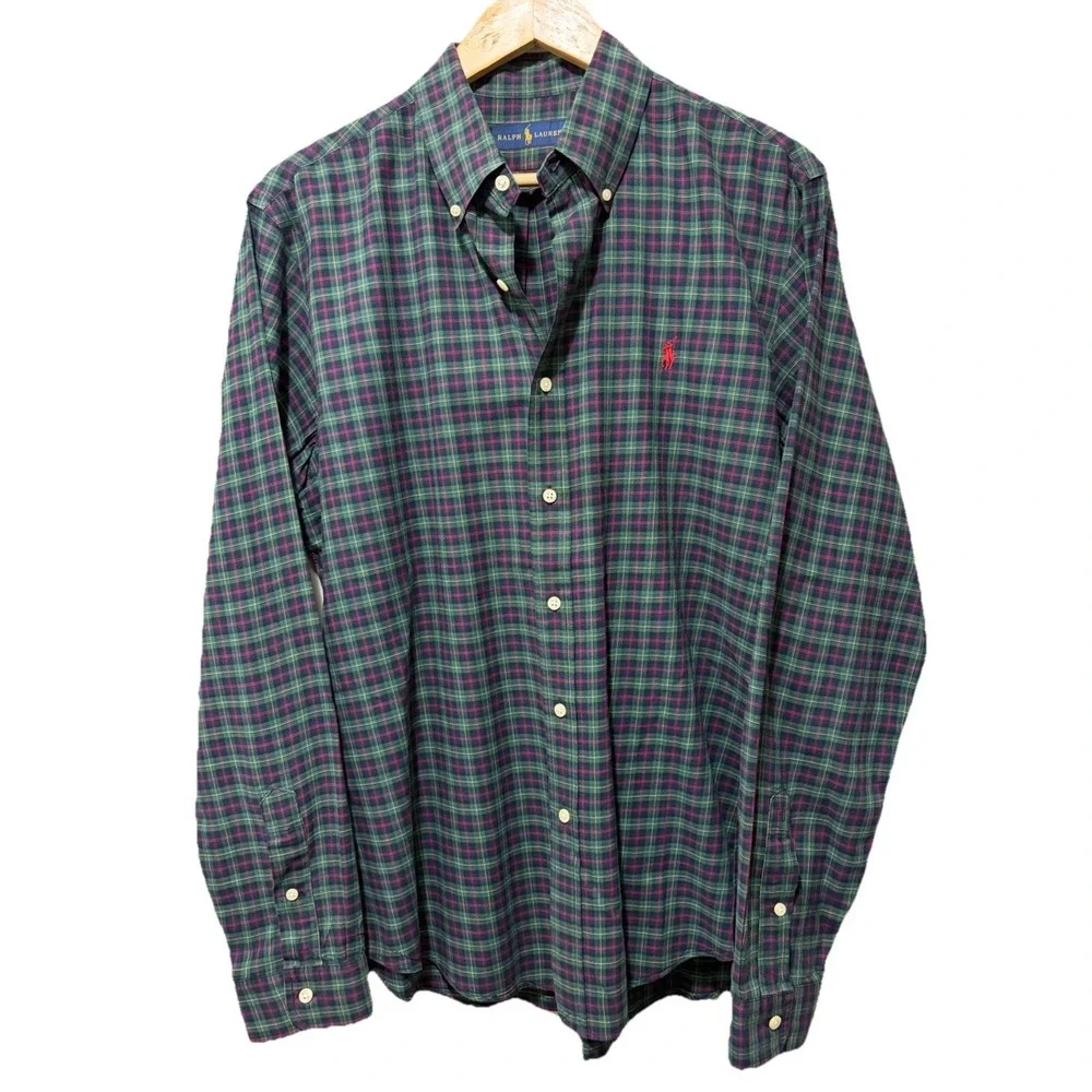 Polo Ralph Lauren L Green Blue Pink Plaid Button Down Shirt Cotton Classic Fit